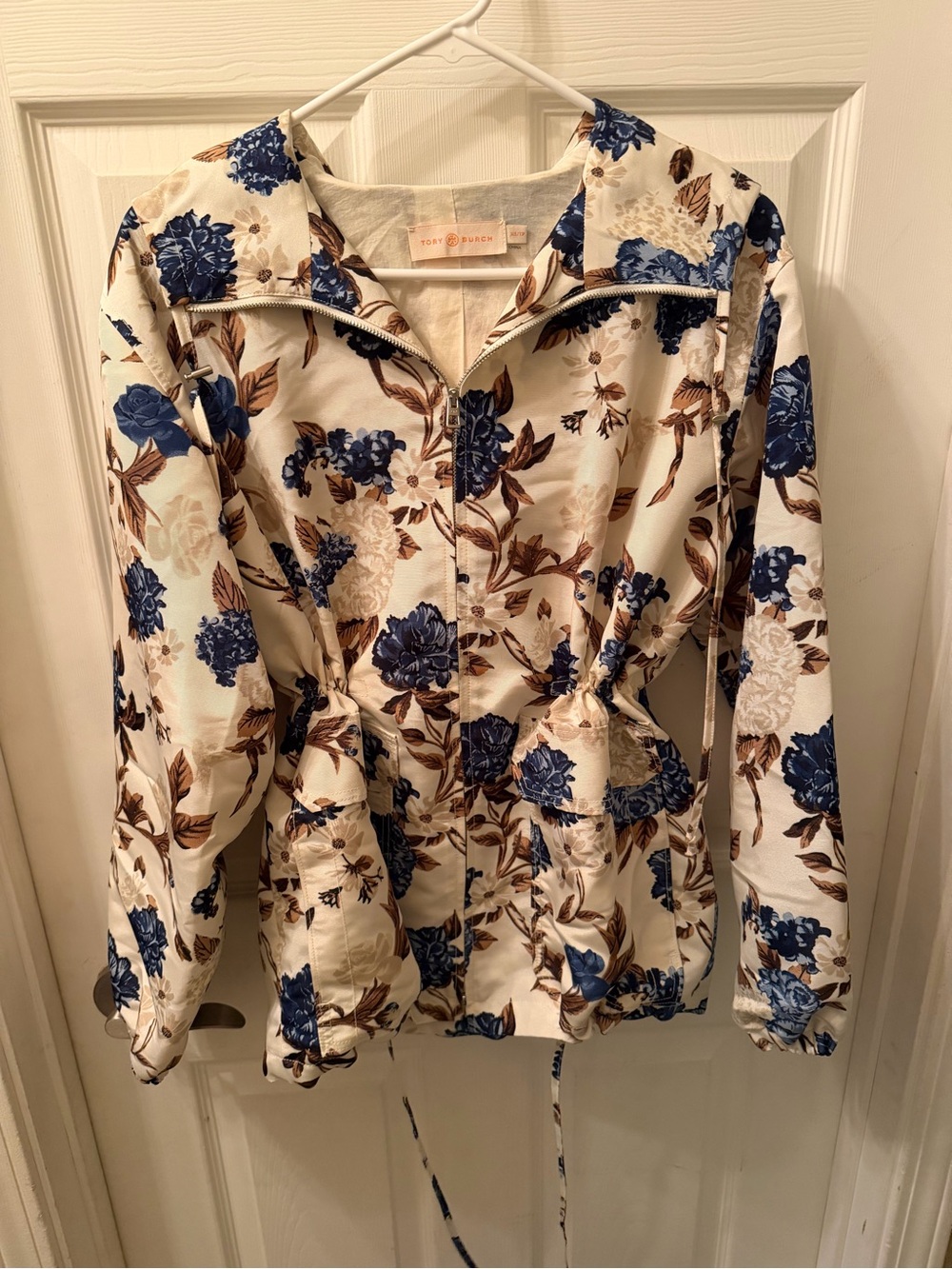 Sz - XS Tory Burch Cream Floral Zip-Front Anorak with Blue Flowers